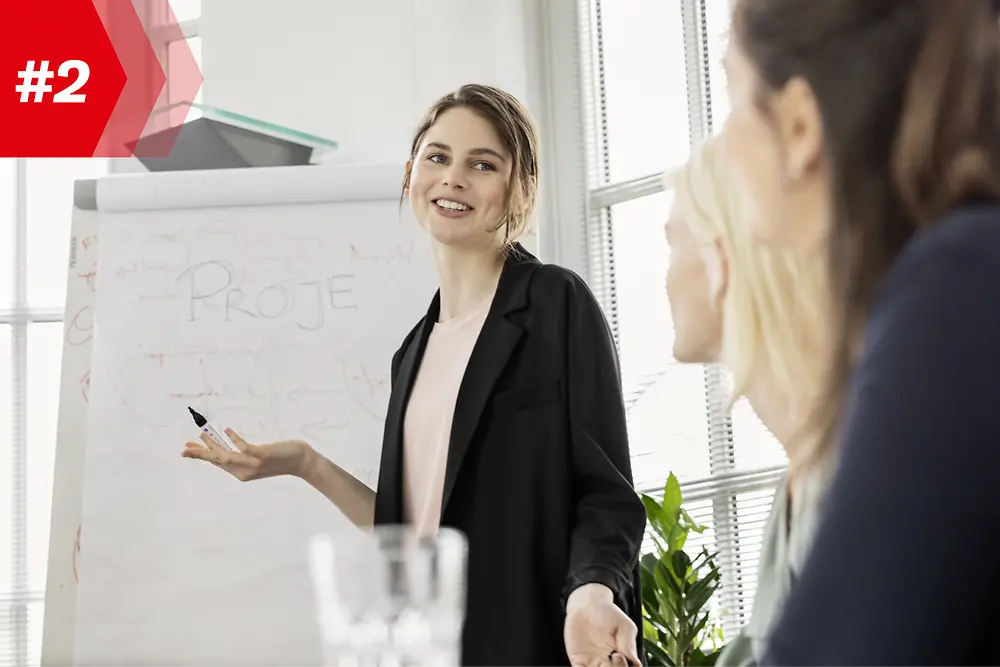 Een vrouw presenteert een project aan een flipchart. 