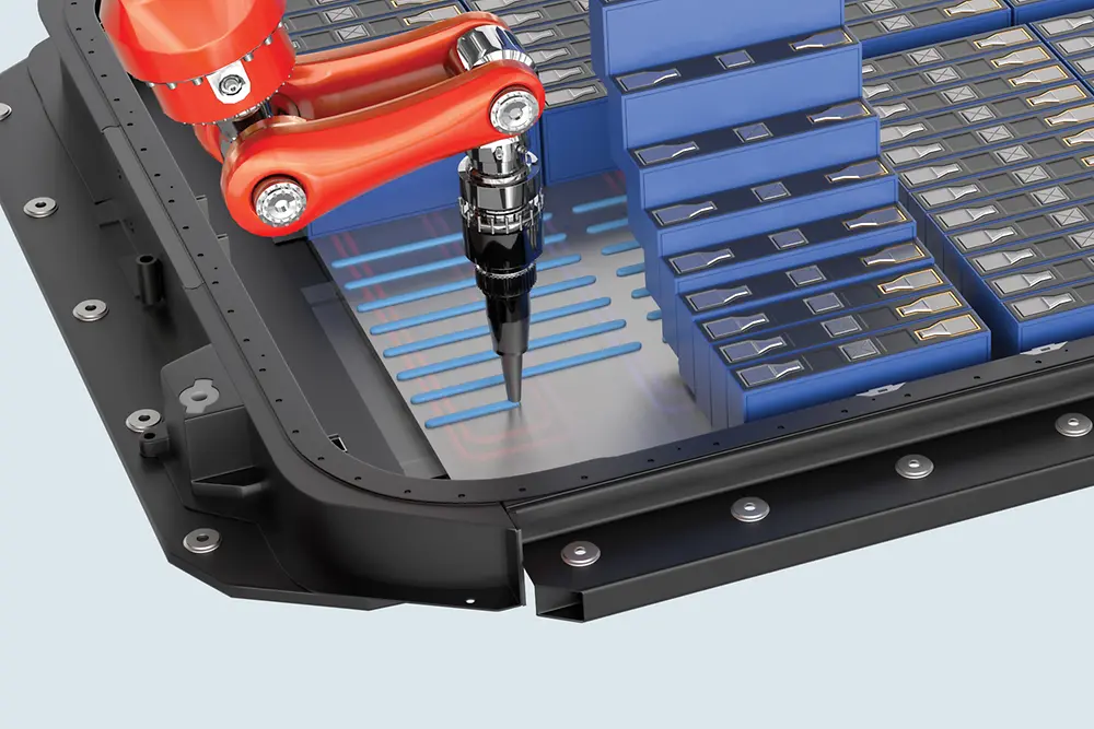 
Illustrative image showing the application of Loctite TLB 9300 APSi between battery cells and the cooling system.