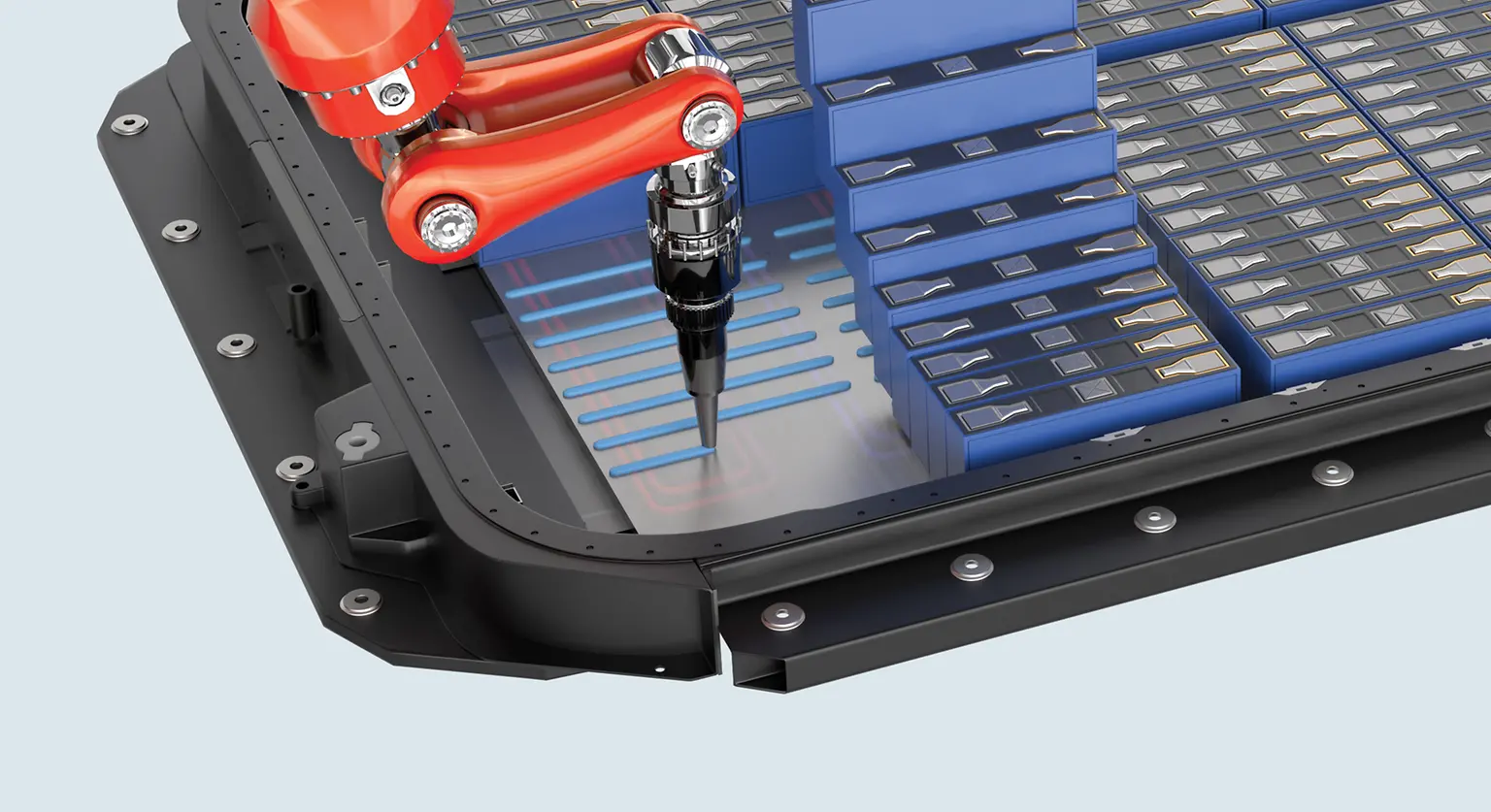 
Illustrative image showing the application of Loctite TLB 9300 APSi between battery cells and the cooling system.